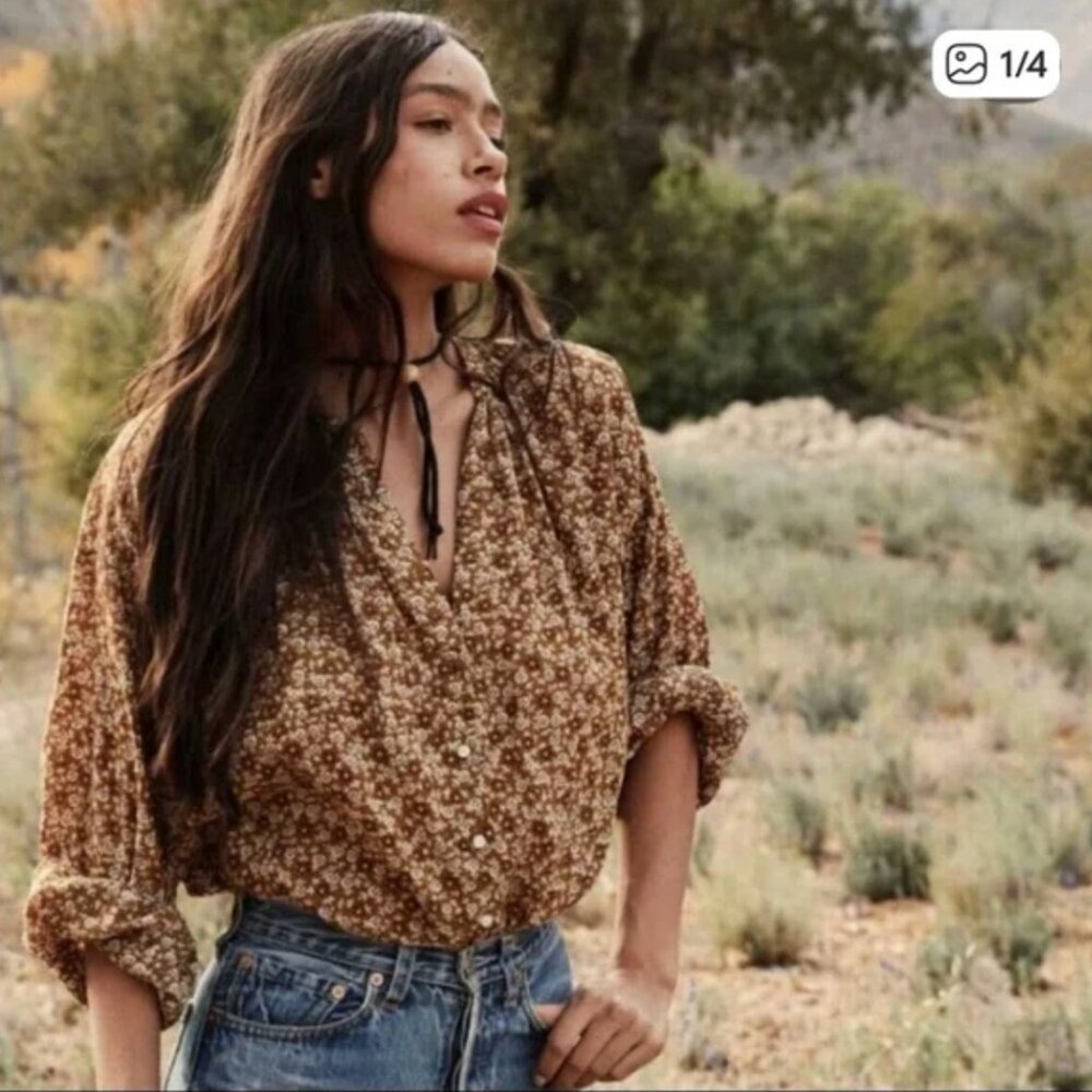 Doen Brown Floral Peasant Blouse